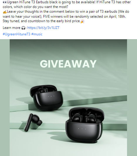 A Ugreen giveaway post asking audiences which earbud colors they would prefer.
