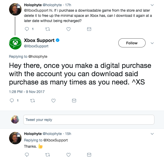 Xbox's quick reply to a user's tweet regarding the availability of digital purchases after being deleted from the console to save space.