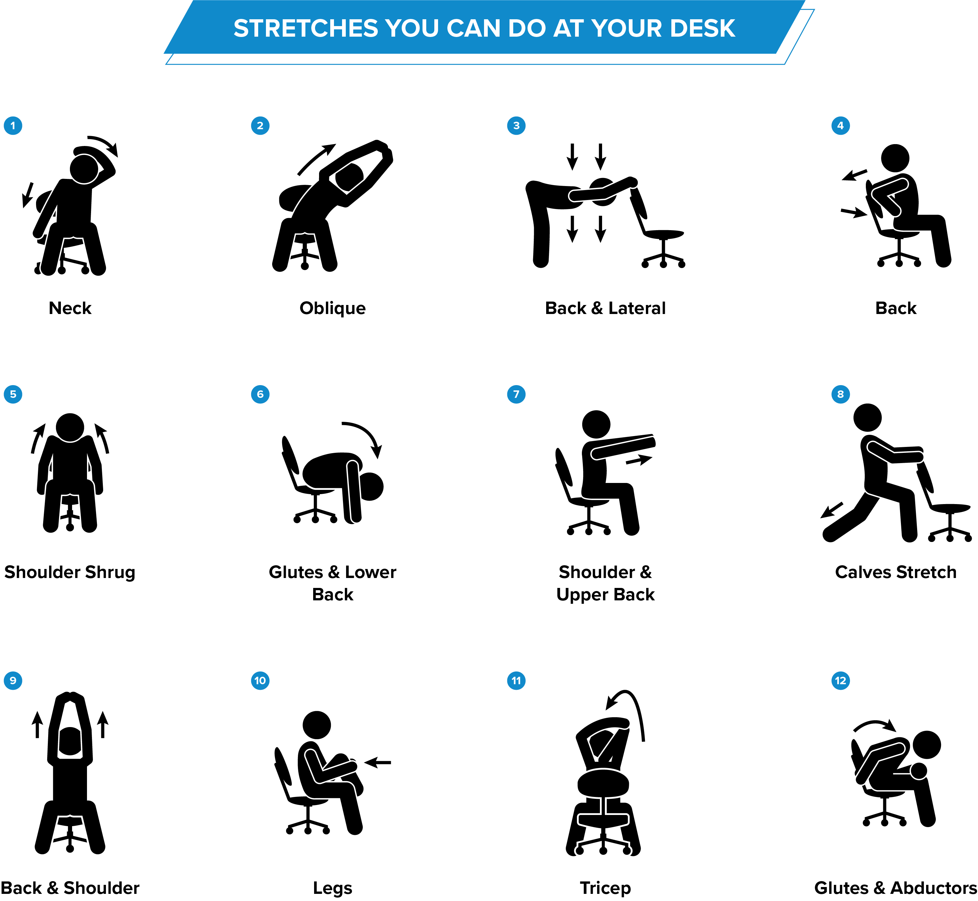  An image showing 12 different stretches you can do at your desk.