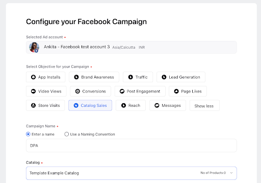 A screenshot of a Facebook campaign configuration dashboard where the user has to select the ad account, objective, name and catalog of the campaign.