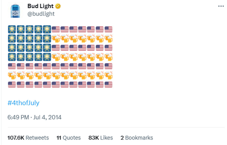 A tweet by Bud Light where emojis are used to create the American flag