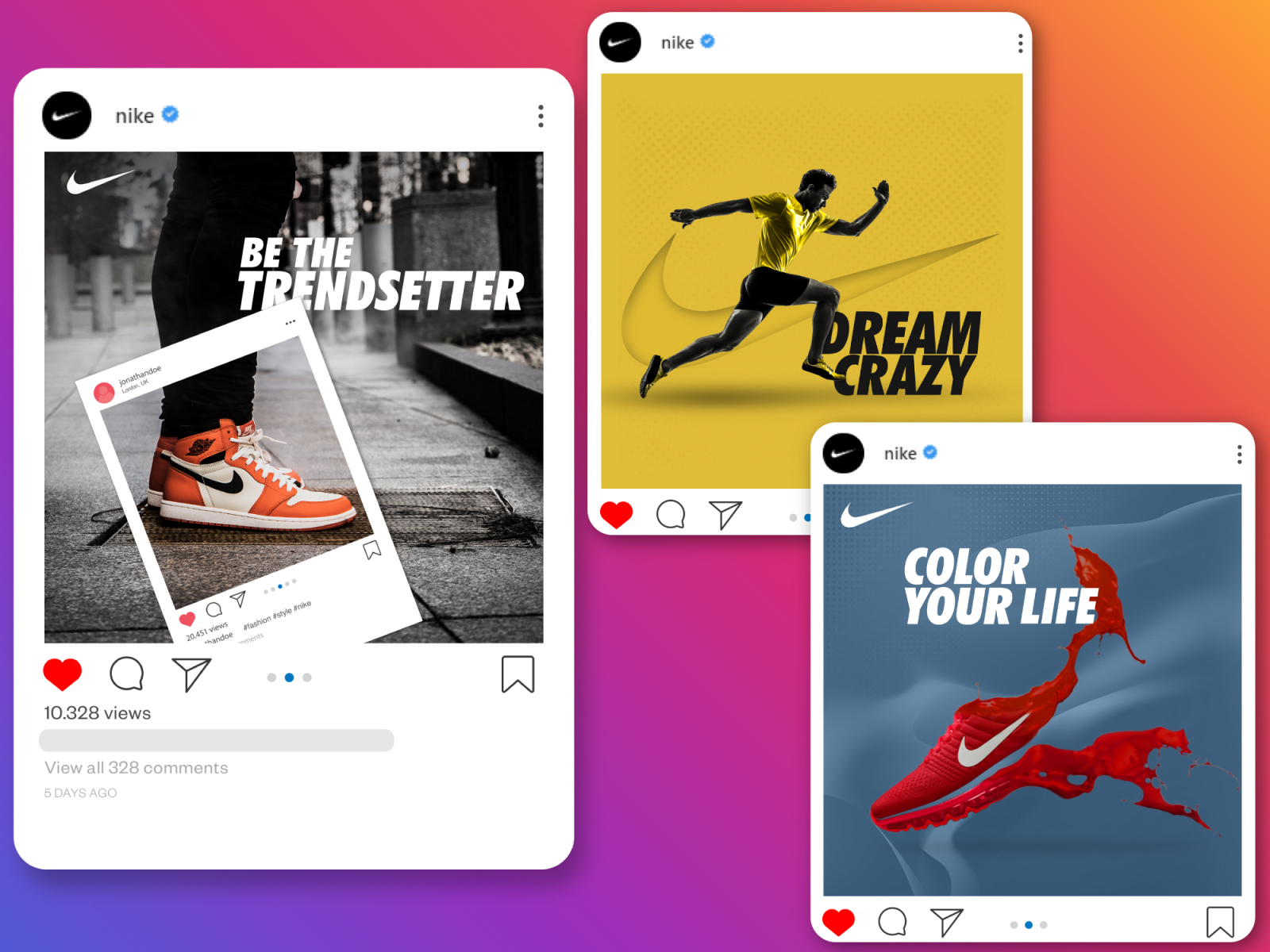 Various illustrations of Nike ads on social media.