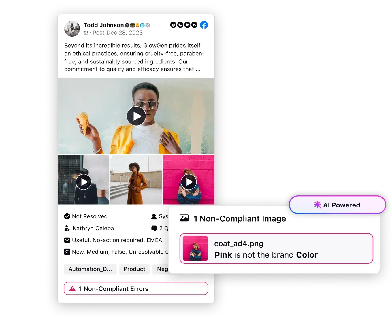Social media post review dashboard flagging a non-compliant image with AI.