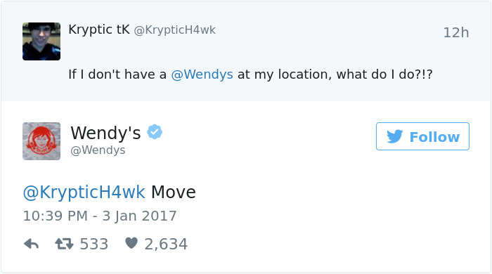 A humorous Twitter response by Wendy's