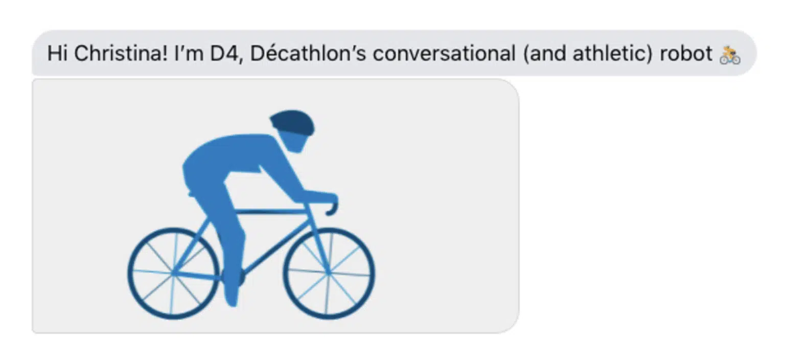 A facebook Messenger prompt screen by Decathlon live chat
