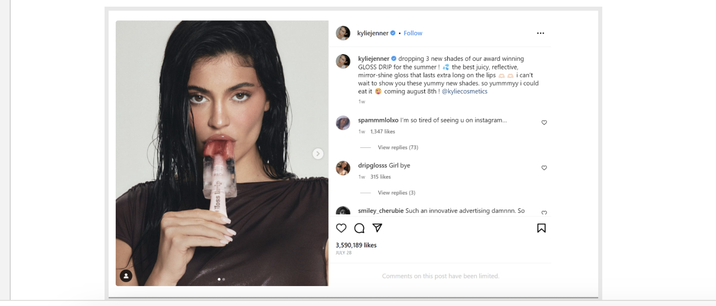  Kylie Jenner's personal account on Instagram where she promotes her make up products