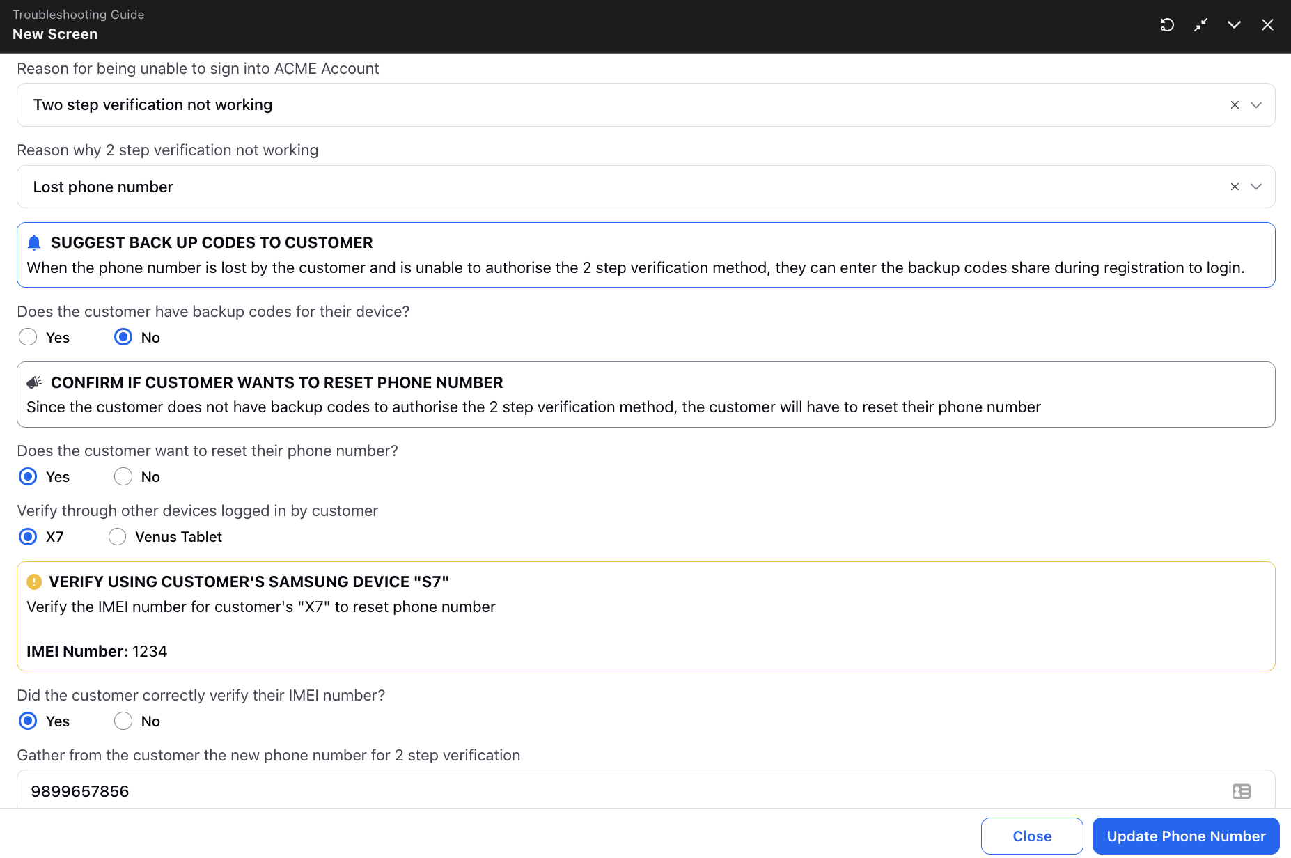 A product screenshot showing a troubleshooting guide that has a pre-built form with specific questions related to a customer's issue.