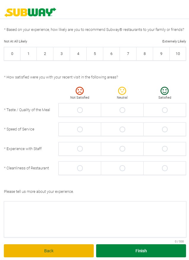 A customer survey example with a variety of questions from Subway