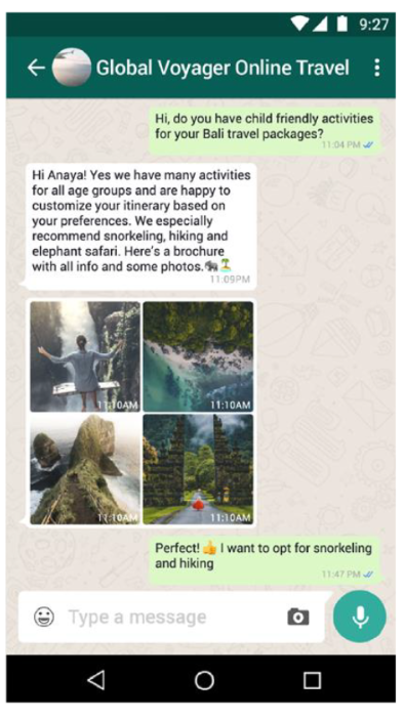 A WhatsApp chat between a travel agency and potential guest with many media plugins