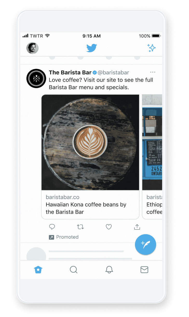A mobile screenshot showing a Twitter Carousel Ad by the brand The Barista Bar.