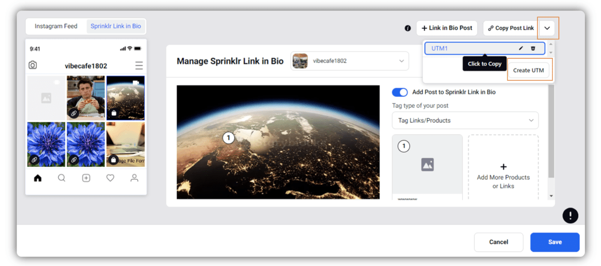 Sprinklr Social platform to add UTM in the url in Link in Bio posts