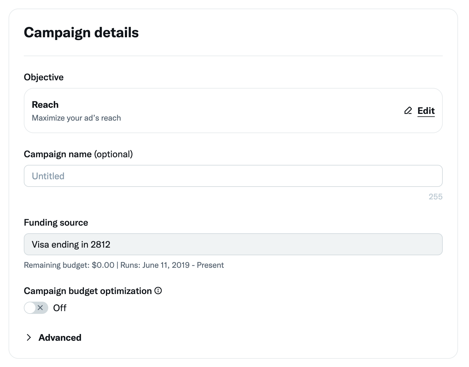 A screenshot of the Twitter ad interface's campaign details page, where users can define the objective, reach, campaign name, funding source, campaign budget optimization and advanced settings of a campaign.