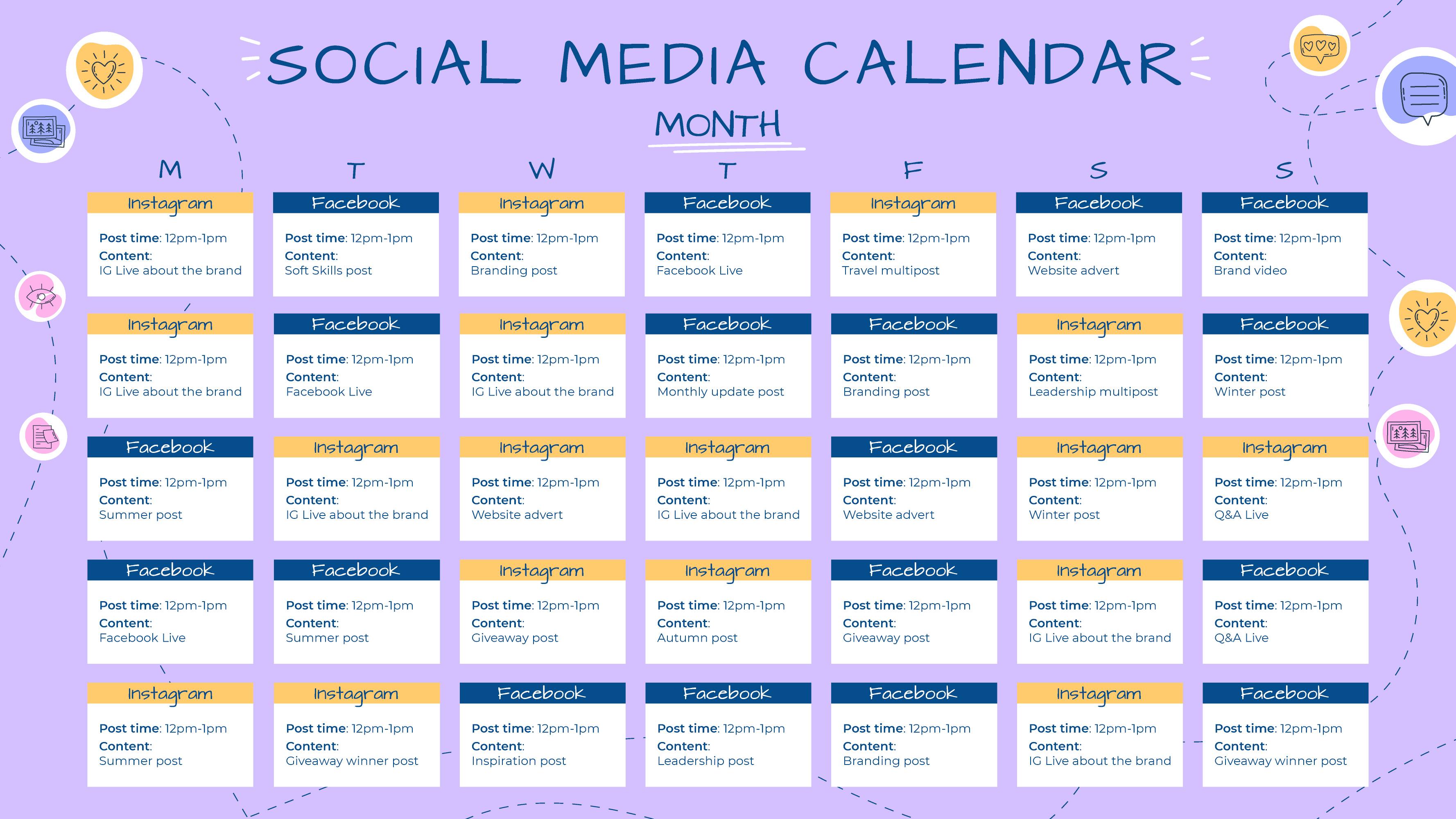 An illustration of a social media calendar that depicts the posting cycle for each day of the month.