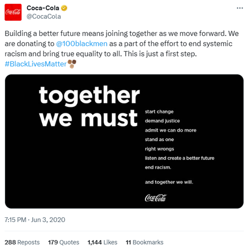 Coca-Cola showing its solidarity for the black lives matter movement on social media with a consistent brand voice