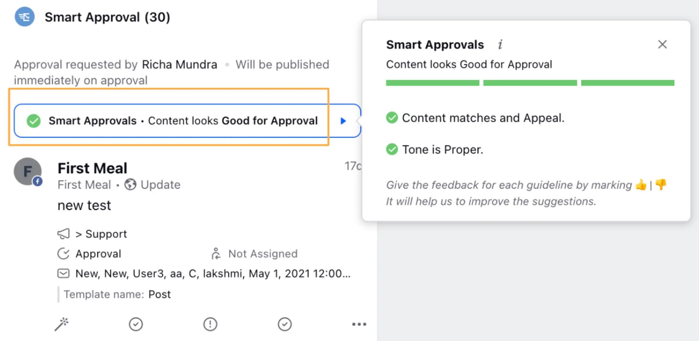 Sprinklr's Smart Approvals to assist campaign managers while approving content.