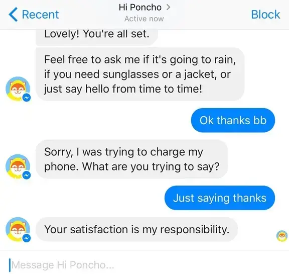 A chat window with Poncho, an early chatbot system