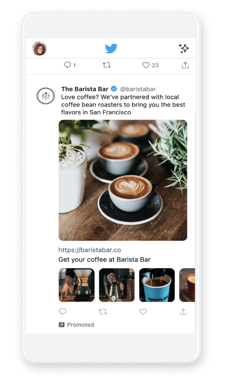 A mobile screenshot showing a Twitter Collection Ad by the brand The Barista Bar.