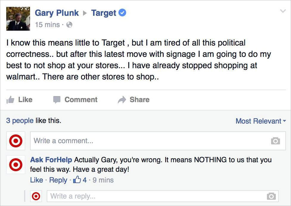 Trolls responding to a post addressed to Target on social media.