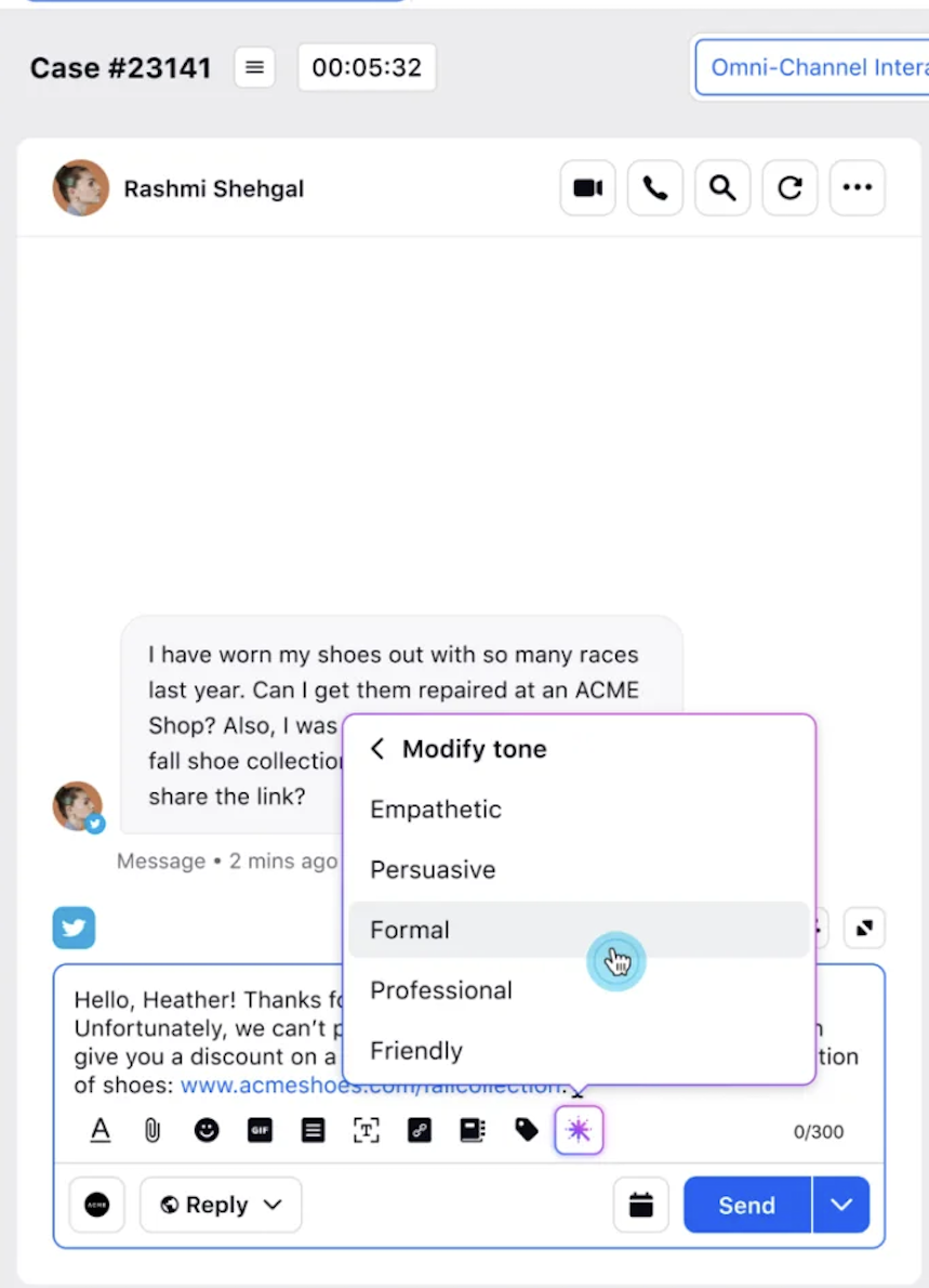 Real-time conversation tone modification with Sprinklr AI+