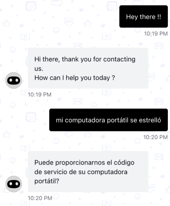 A screenshot showing a chatbot's response to a customer's question in the customer's native language.