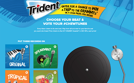 Trident promoting its Chew Tunes contest that offers the chance to win a trip to the Grammy-s