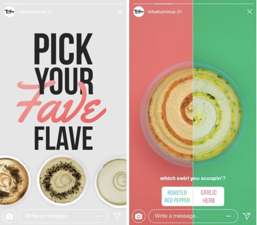 Tribe Hummus Instagram stories asking the user to pick a flavor of choice on a poll.
