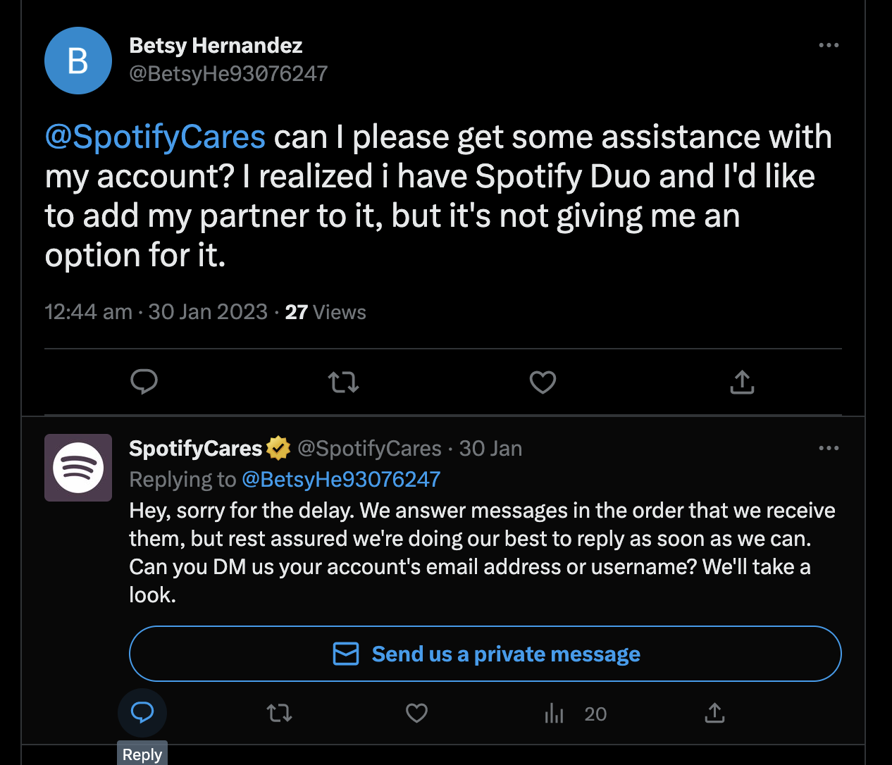 Spotify's customer service strategy on X