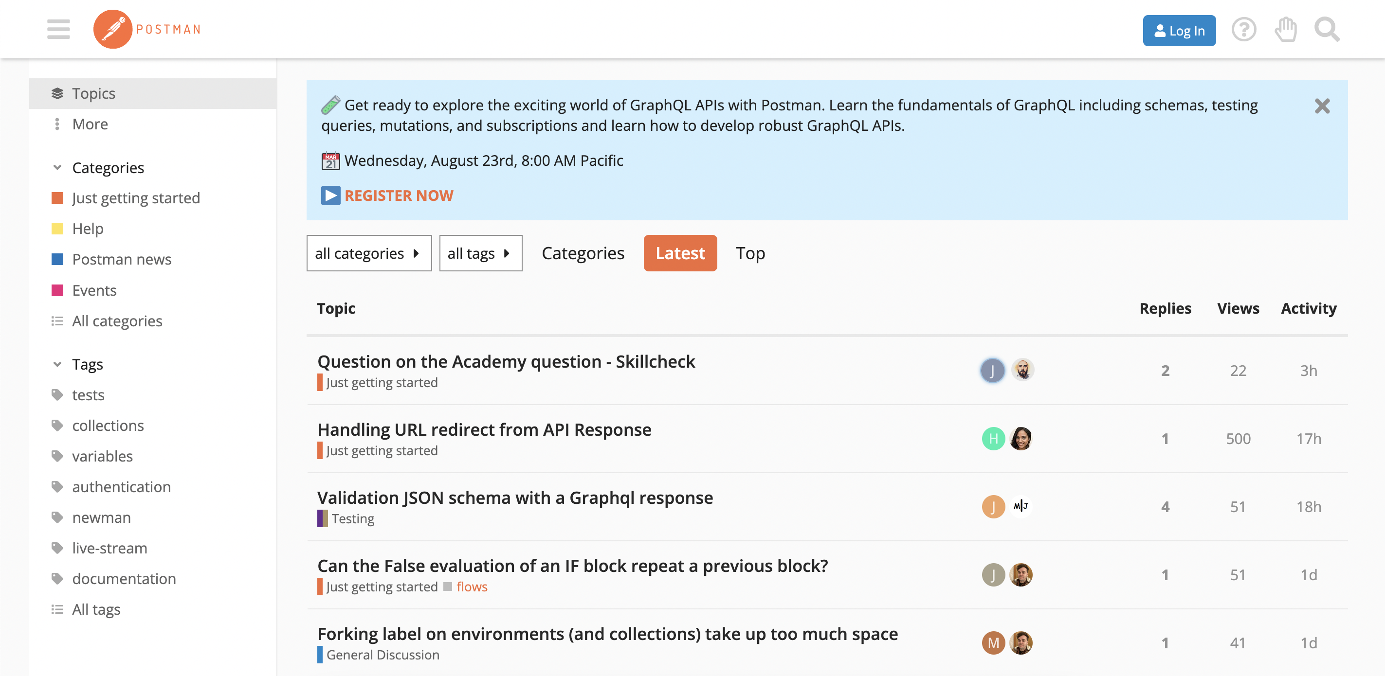 Topics and queries on the Postman community page.