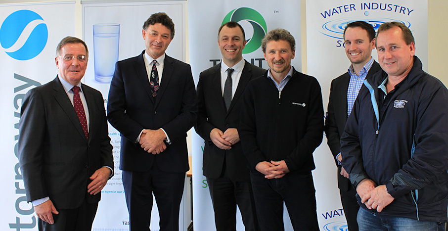 Miles Hampton- Chairman TasWater, Robert McKaige- KBR, Adrian Blinman- Trility/Hydramet, Tim Gardner- Stornoway, Ben Gliwa- Zinfra and Peter Barwick- Water Industry Solutions.