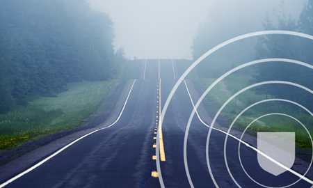 straight road with white shield overlay, surrounded by white circles