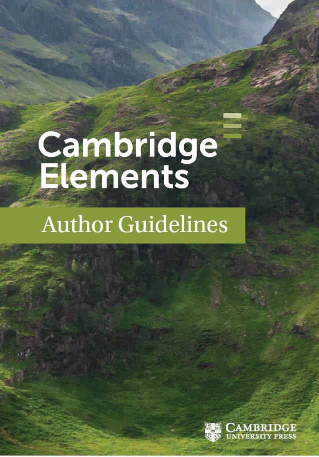 On an image of green hills, white text reads "Cambridge Elements author guidelines"