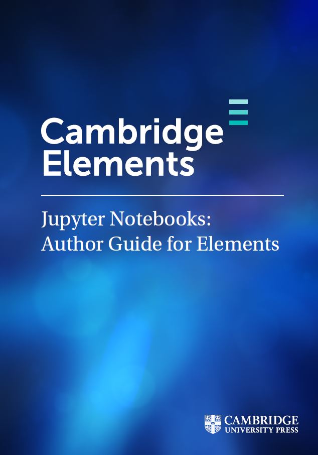 Text "Jupyter Notebooks: Author Guide for Elements" on a blue abstract background.