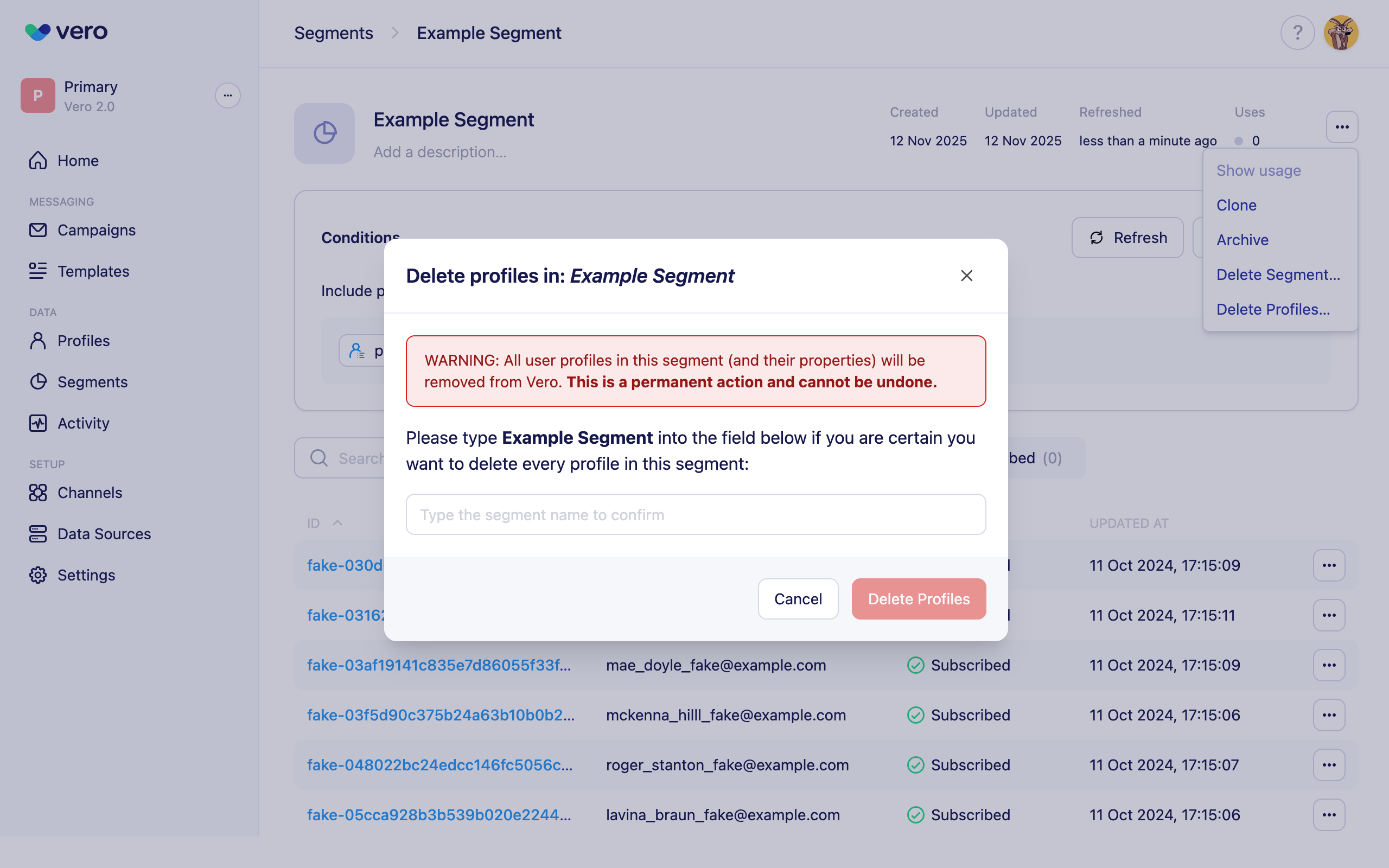 Delete user profiles in a segment