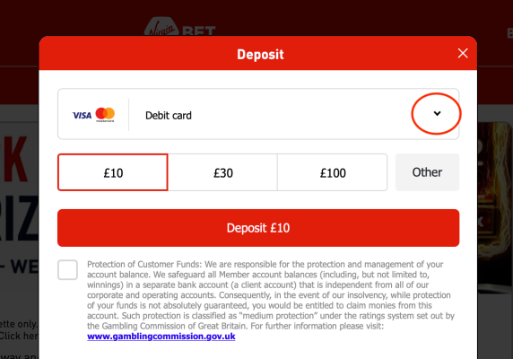 Virgin Bet Deposit Screen