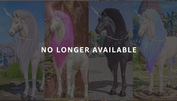 Four unicorn mount options from the Unicorn Selection Chest: Snow Cone, Pinky Cone, Aurora Cone, and Black Cone.