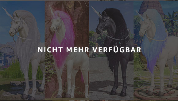 Vier mögliche Einhorn-Reittiere aus der Einhorn-Auswahltruhe: Schneekegel, Pinker Kegel, Aurora-Kegel und Schwarzer Kegel.