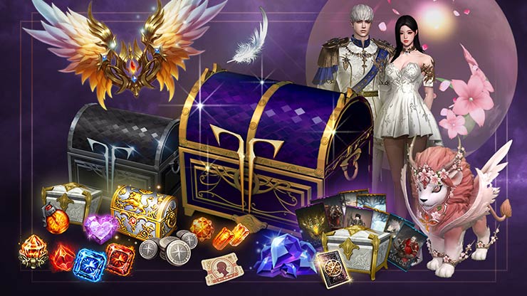 Pacote Inicial Ultimate trazendo um leão alado, um purple e gold chest com coins e jewels empilhados ao lado dele e um homem e uma mulher vestindo roupas formais.