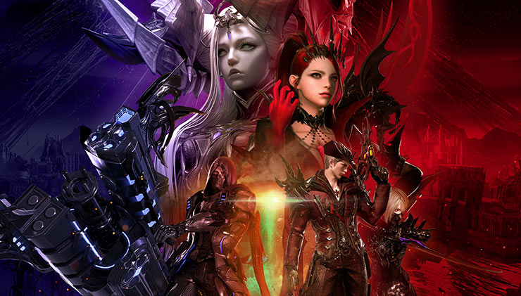 Des apparences, armes et personnages de fin de jeu sont affichés.  La moitié gauche de l’image est violette. Le côté droit est rouge.  Un éclat de lumière jaune au milieu.