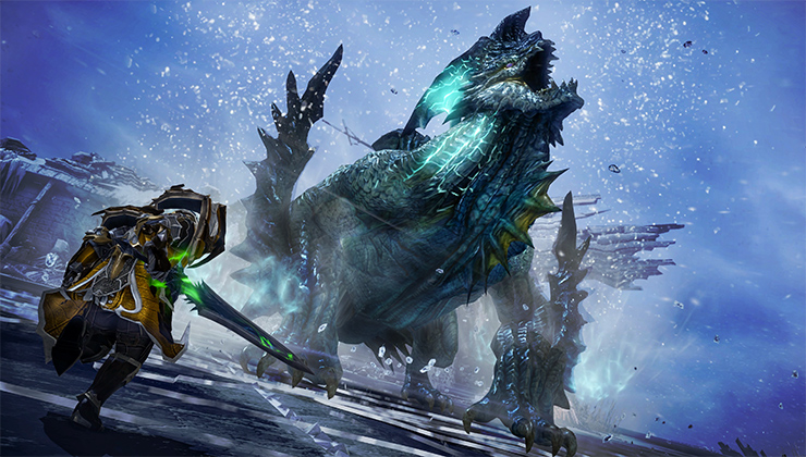 Un personaje con una espada corre hacia una gran bestia parecida a un dragón con la boca abierta.