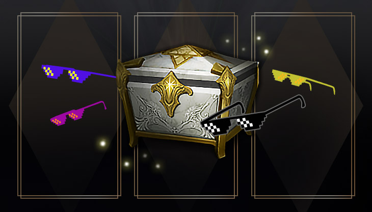 The Pixel Glasses Selection Chest and black, pink, yellow, and purple Pixel Glasses.