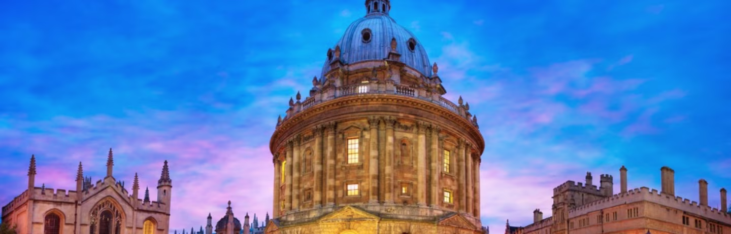 A university library building in twilight in UK.