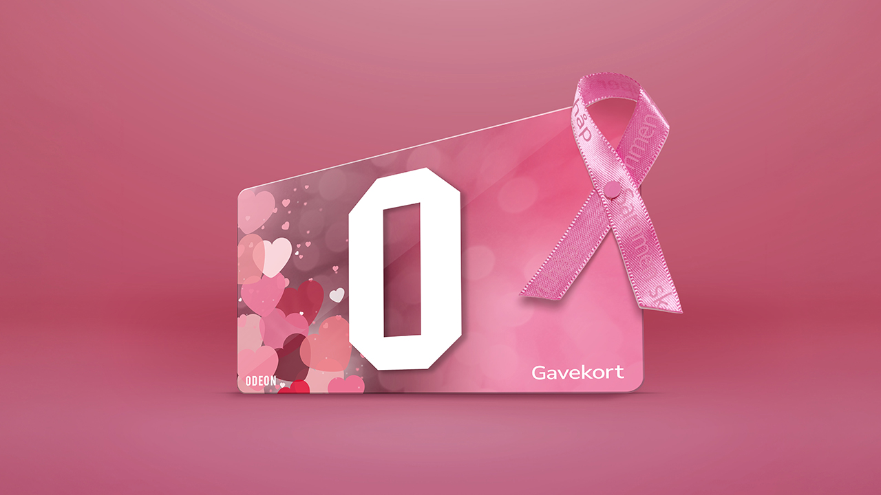 Rosa gavekort fra ODEON Kino, på rosa bakgrunn. Til høyre på kortet er det festet en rosa sløyfe.