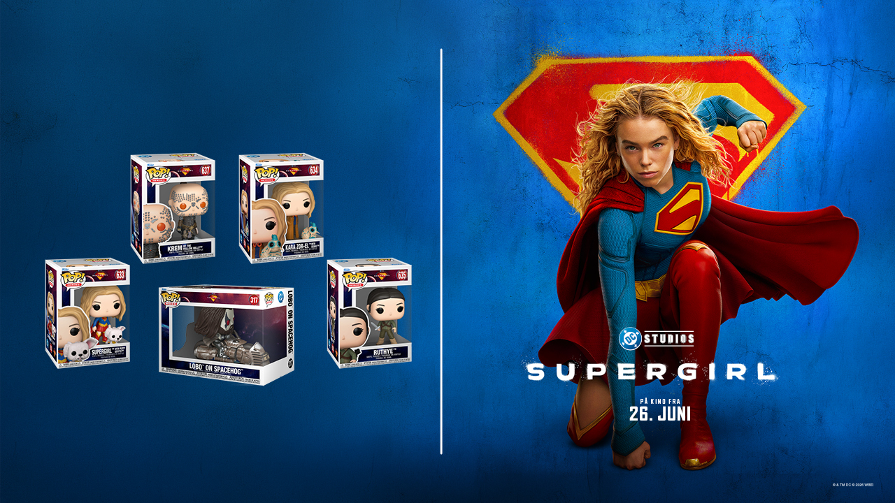 Bilde på Supergirl på høyre siden på blå bakgrunn og fem Funkofigurer på venstre side.