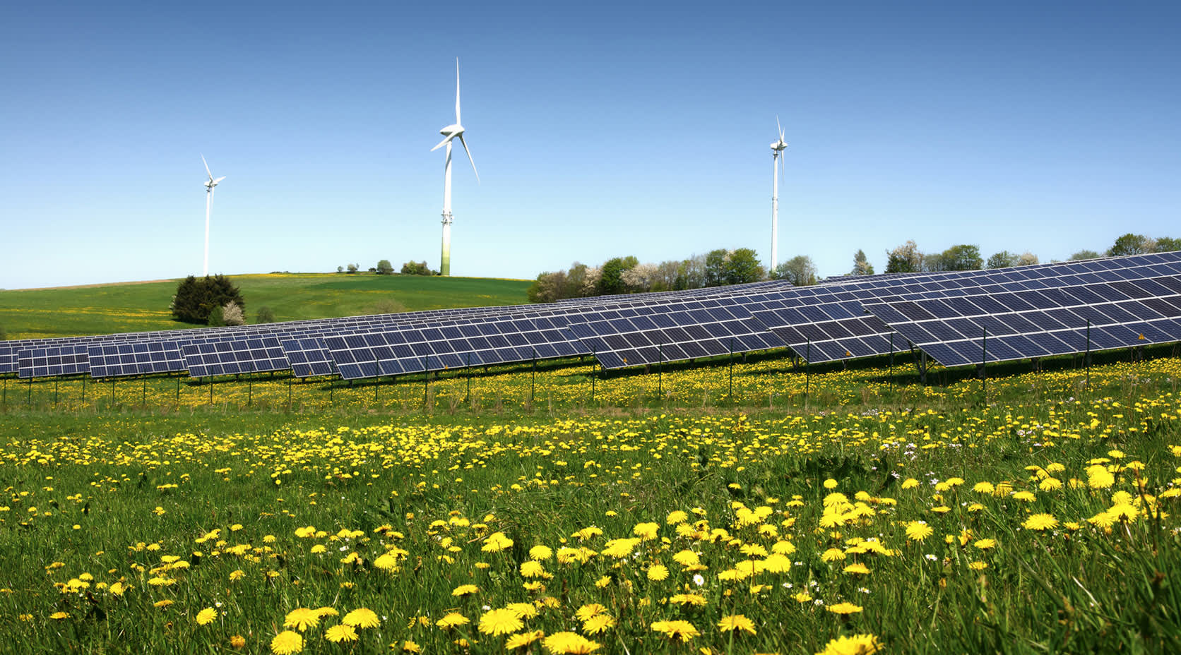 Windenergie- und Photovoltaik-Anlagen auf einer Wiese