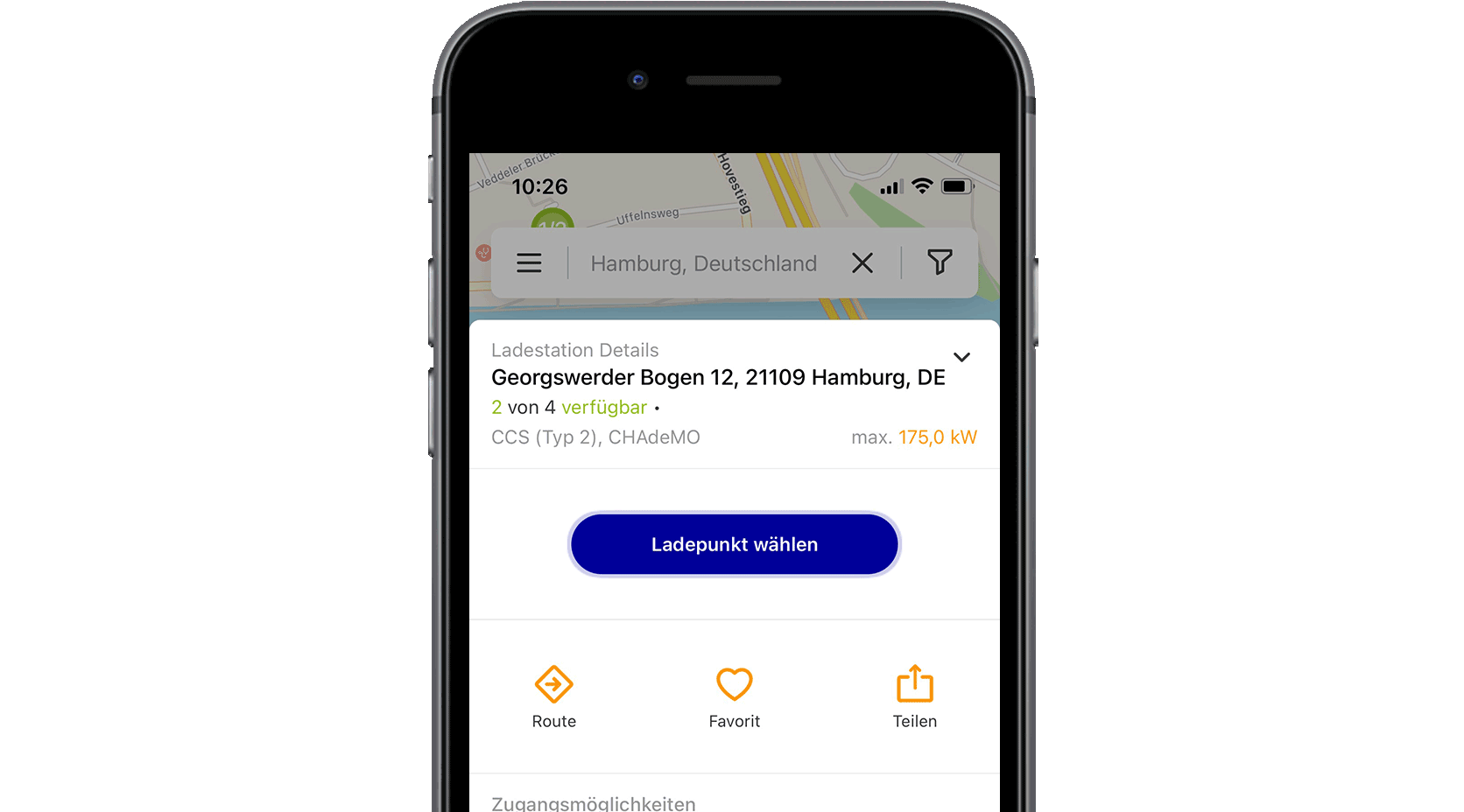 Handy mit Screen der EnBW mobility+ App: Funktion Ladestation finden