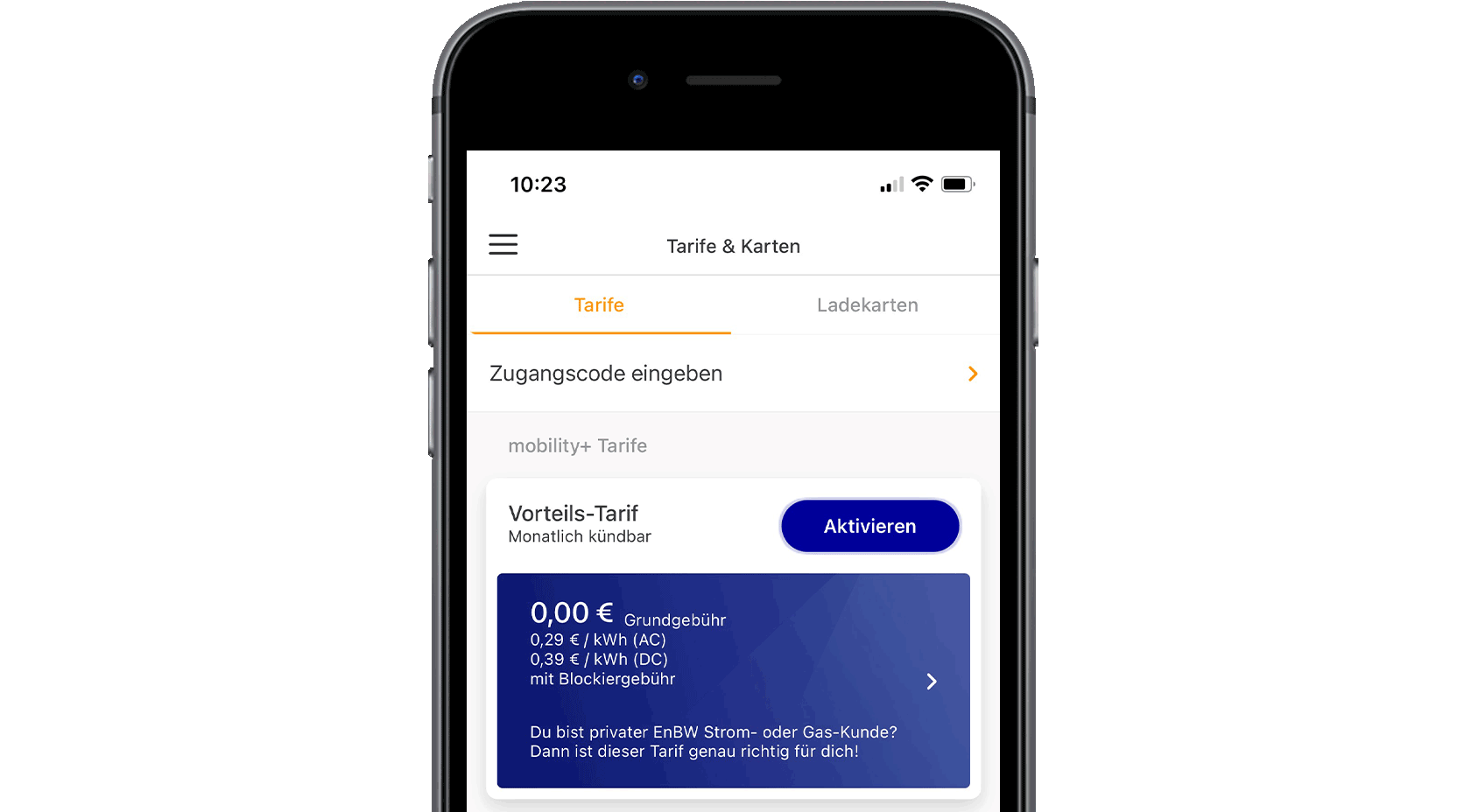 Mobility+ App Screen Tarife und Karten