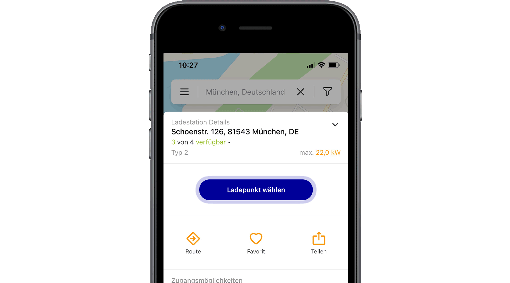 Handy mit Screen der EnBW mobility+ App: Funktion Ladestation finden