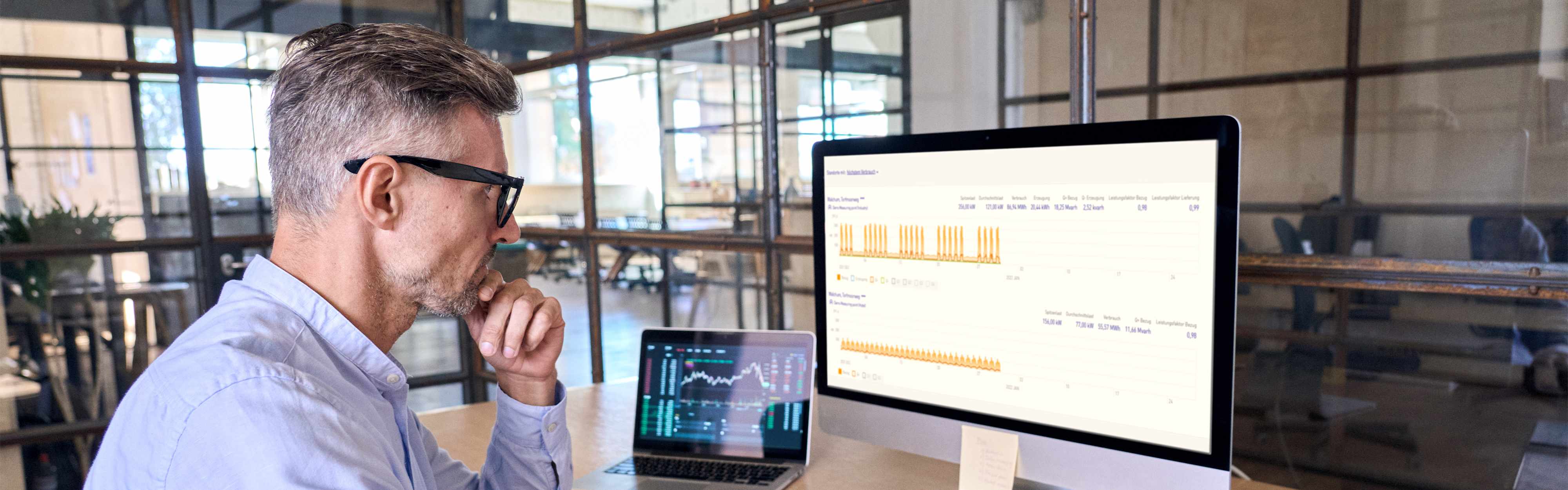 Geschäftsmann betrachtet auf Monitor die EnBW Smart Energy Suite