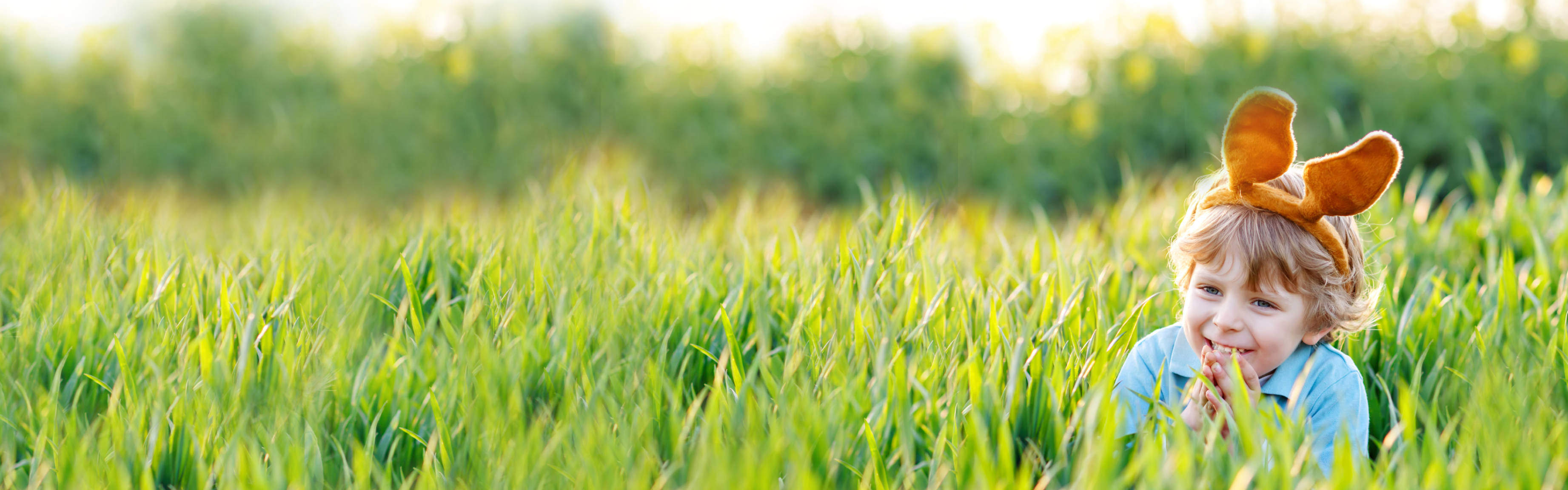 Junge mit Hasenohren spielt im Gras
