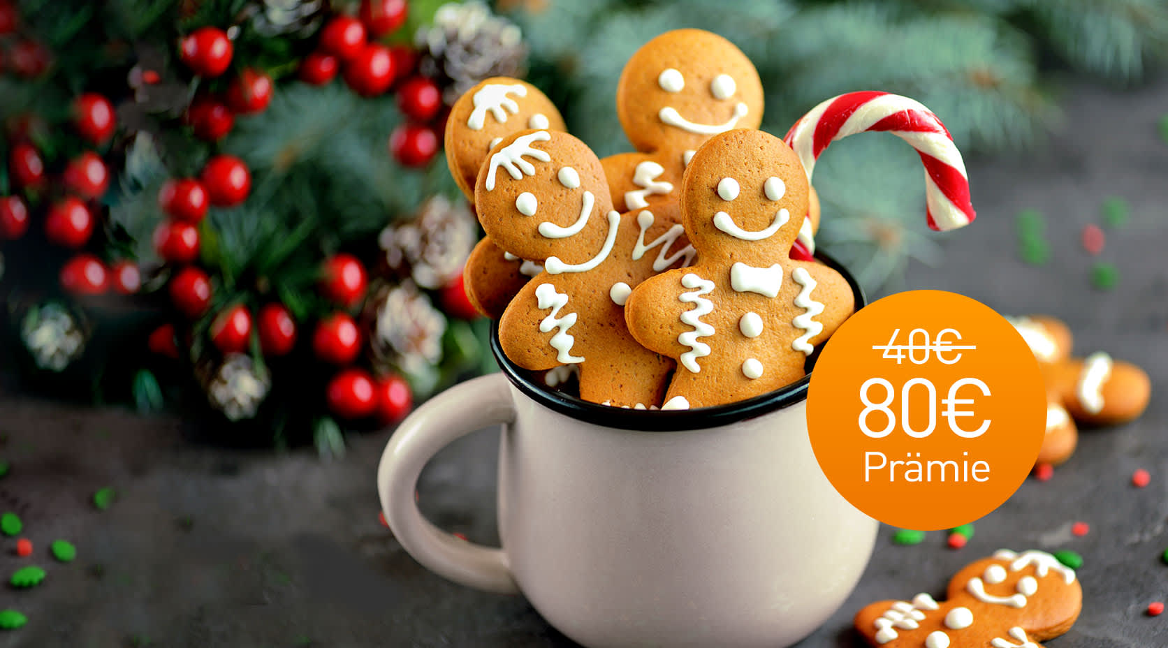 Weihnachtsgebäck in einer Tasse und Prämienbutton